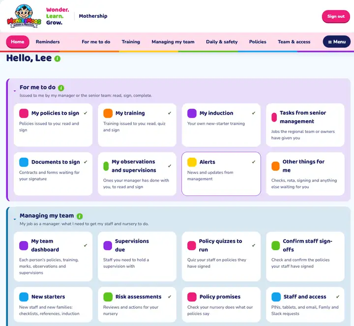 The MonkeyMoos Mothership home screen, showing policies, training, induction, documents to sign and supervisions