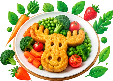 A HungryMoose plate with a moose-shaped fish cake, peas, carrots, broccoli and tomatoes