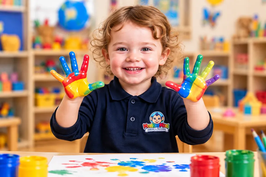 A smiling child holding up paint-covered hands